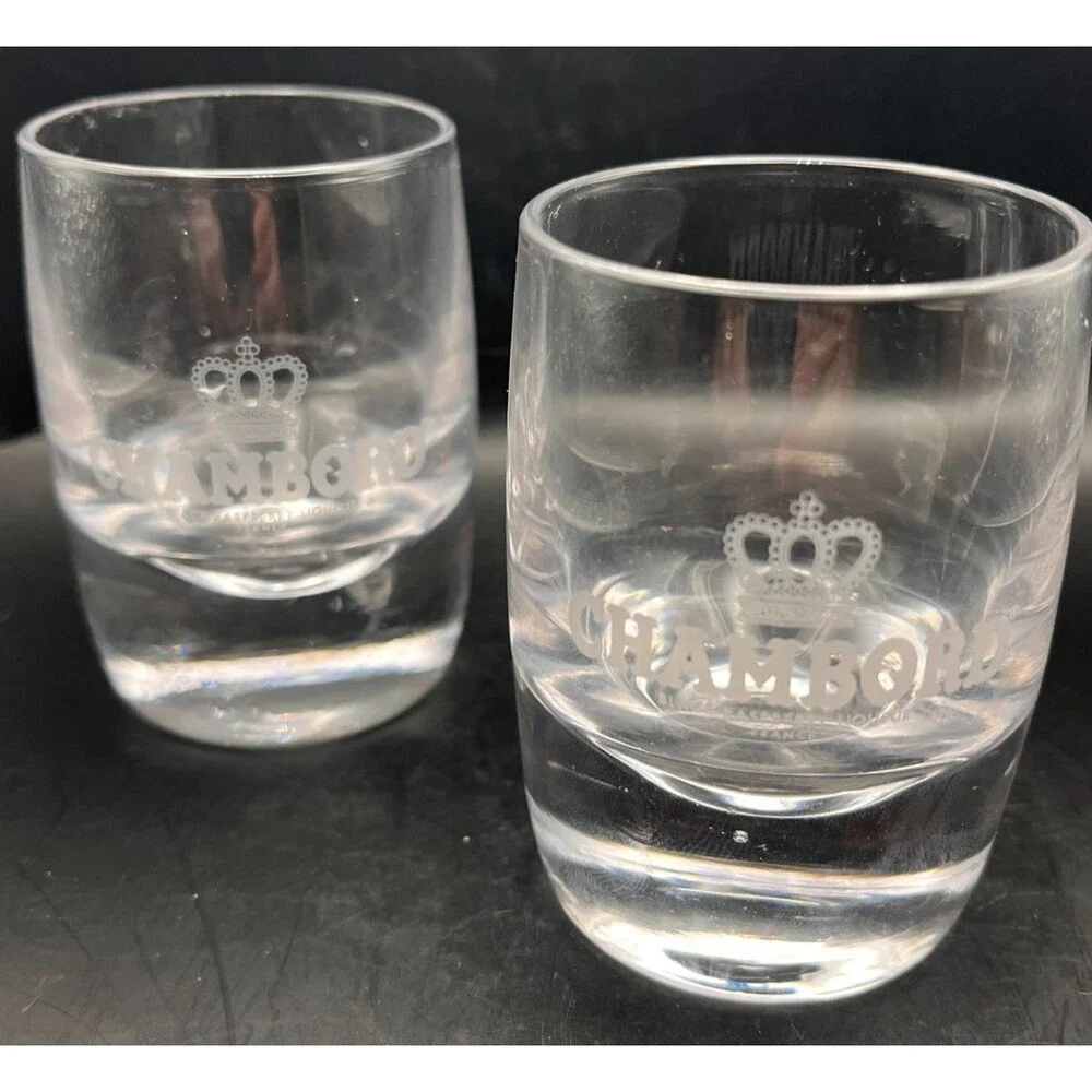 Chambord Black Raspberry Liqueur Shot Glasses Set of 2 Etched Crown Heavy Bottom